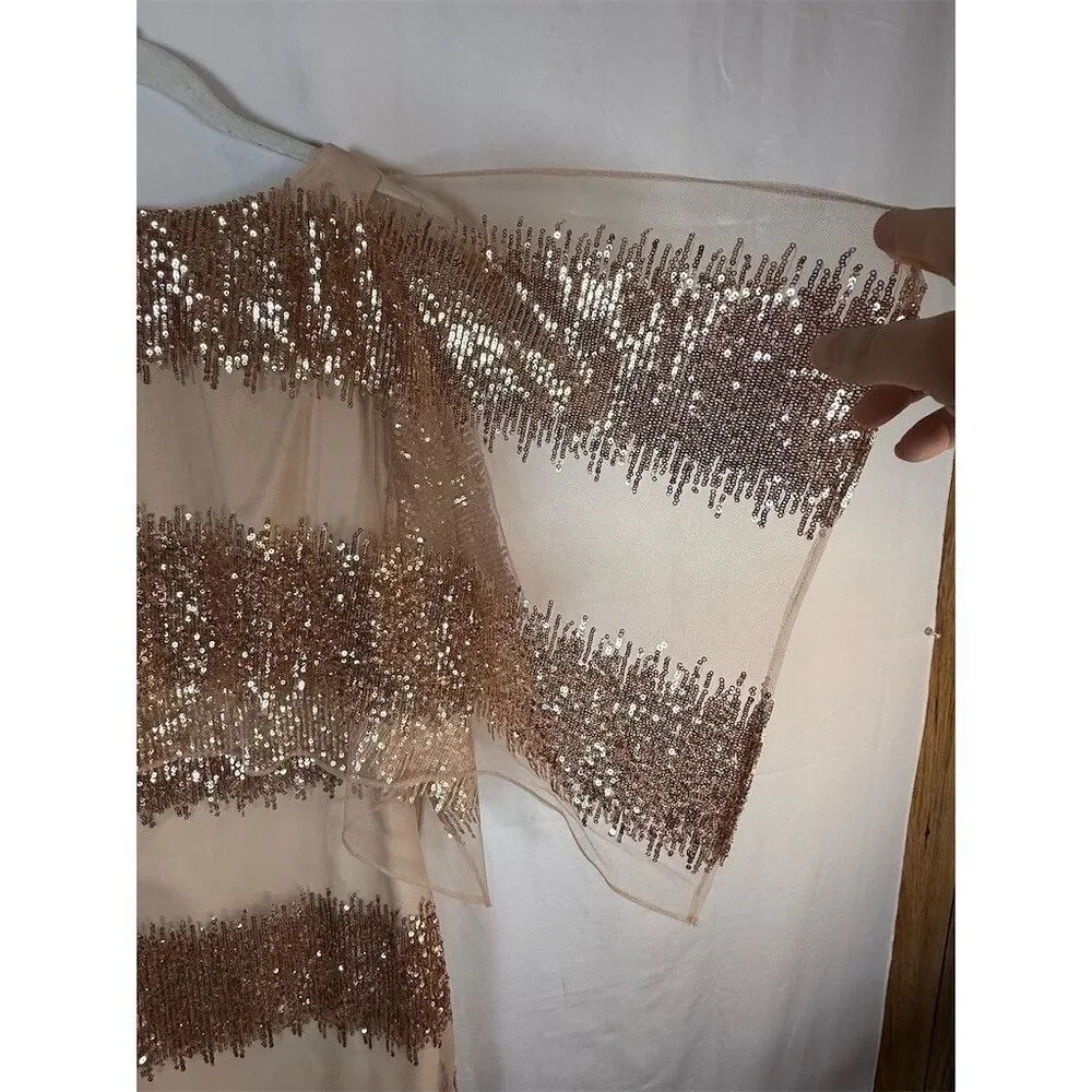 Belle Badgley Mischka Dress Womens 6 Beige Sequin Stripe Sheer Cape Cocktail - Picture 8 of 16